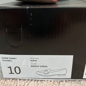 Red suede penny loafers